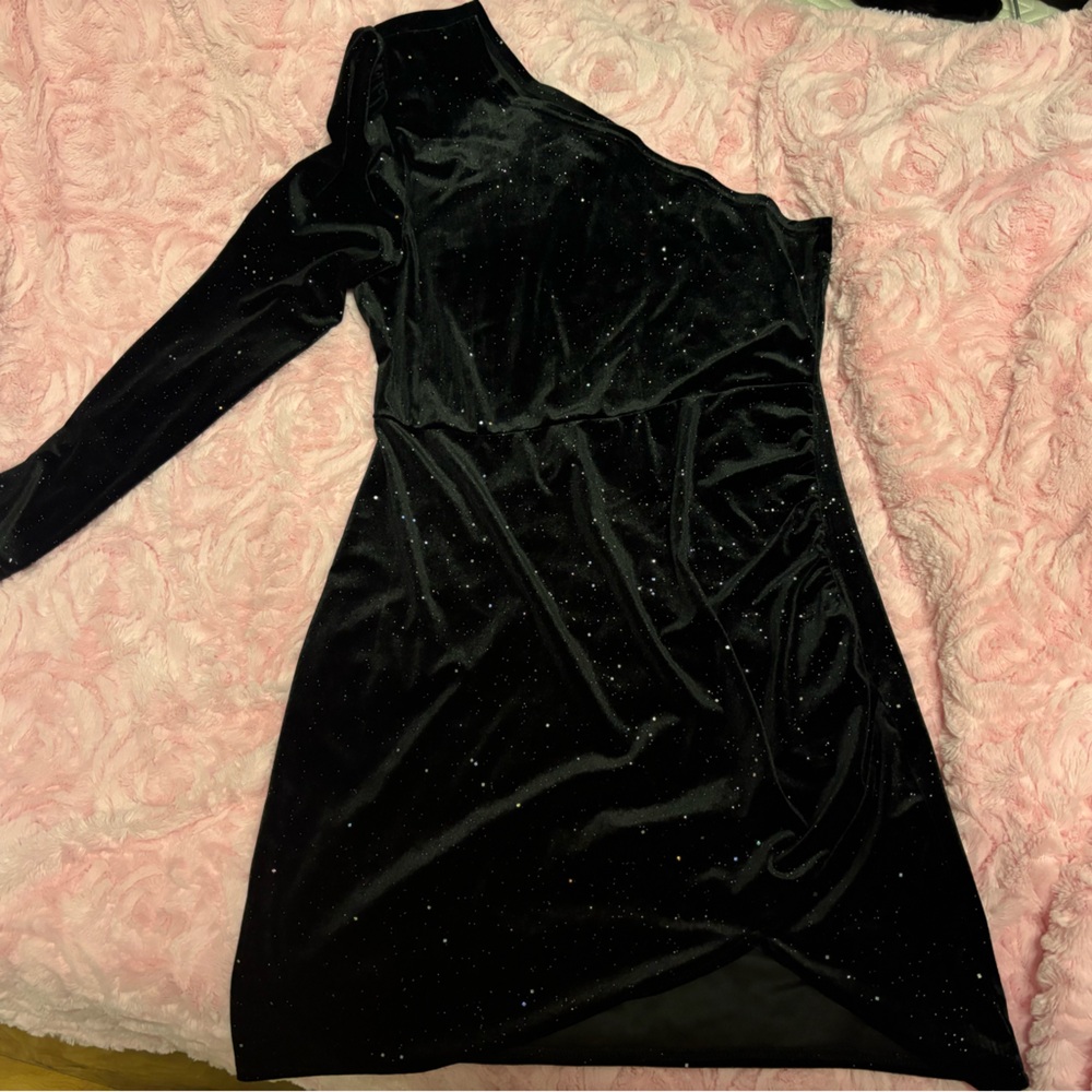 Black one shoulder glittery and formal dress